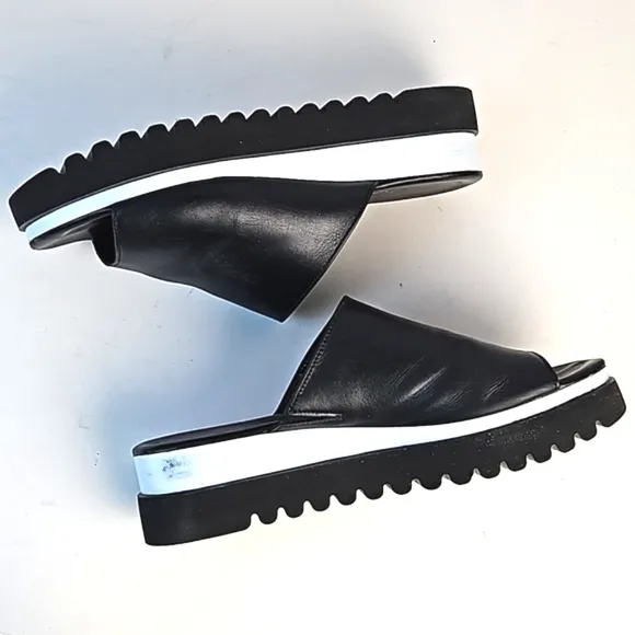 Gabor 44.613 Black Leather Wide Band Slip On Platform Slide Sandal Size 9.5