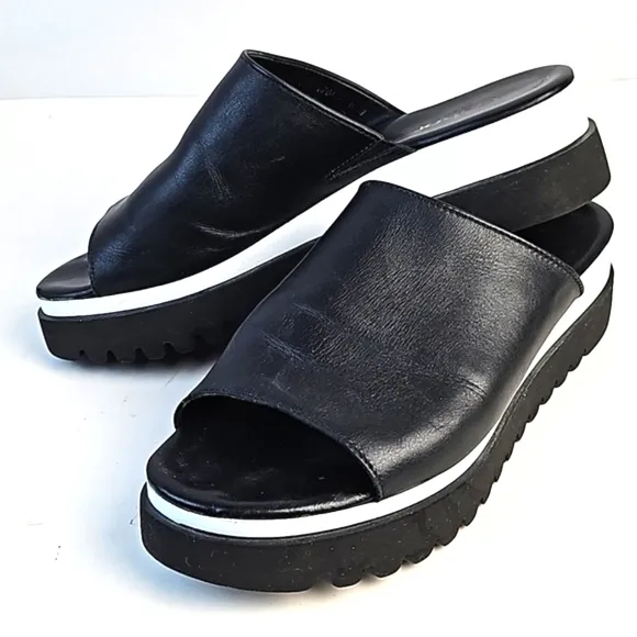Gabor 44.613 Black Leather Wide Band Slip On Platform Slide Sandal Size 9.5