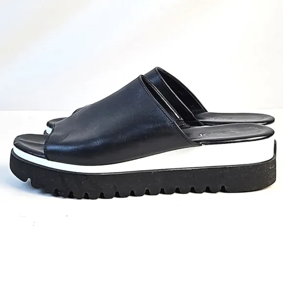 Gabor 44.613 Black Leather Wide Band Slip On Platform Slide Sandal Size 9.5