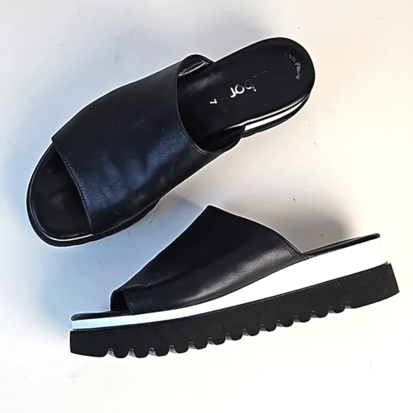 Gabor 44.613 Black Leather Wide Band Slip On Platform Slide Sandal Size 9.5