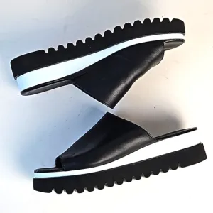 Gabor 44.613 Black Leather Wide Band Slip On Platform Slide Sandal Size 9.5
