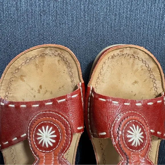 Gabor Sandals, Red leather wedges with stitched embellishments, Size 6.5, EUC
