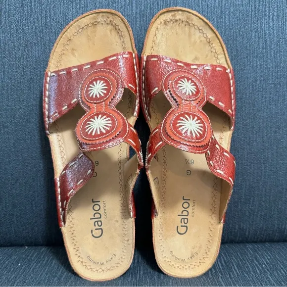 Gabor Sandals, Red leather wedges with stitched embellishments, Size 6.5, EUC