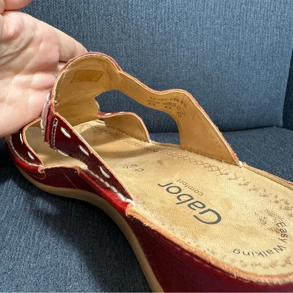 Gabor Sandals, Red leather wedges with stitched embellishments, Size 6.5, EUC