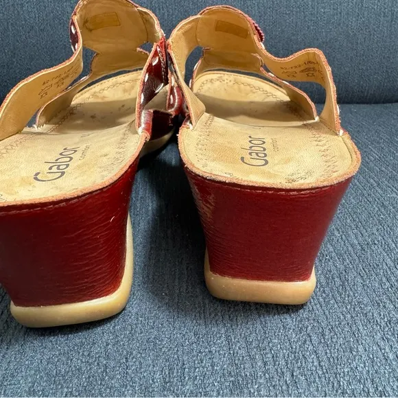 Gabor Sandals, Red leather wedges with stitched embellishments, Size 6.5, EUC