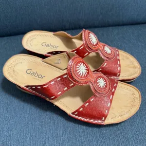 Gabor Sandals, Red leather wedges with stitched embellishments, Size 6.5, EUC