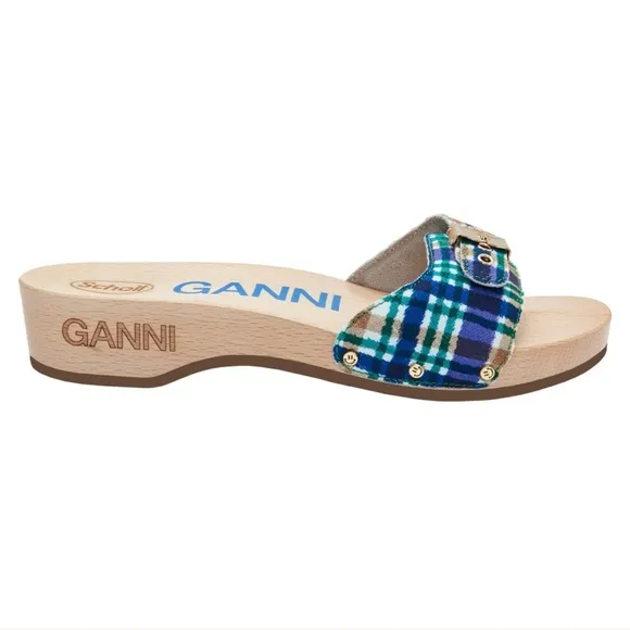 GANNI x Dr. Scholl Wooden Clog Mule Sandals Blue Iris Size 10
