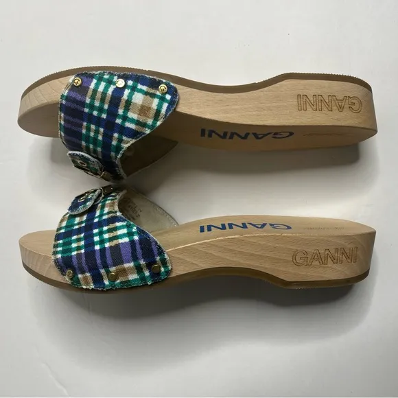 GANNI x Dr. Scholl Wooden Clog Mule Sandals Blue Iris Size 10