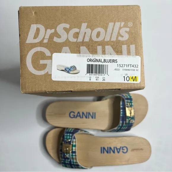 GANNI x Dr. Scholl Wooden Clog Mule Sandals Blue Iris Size 10