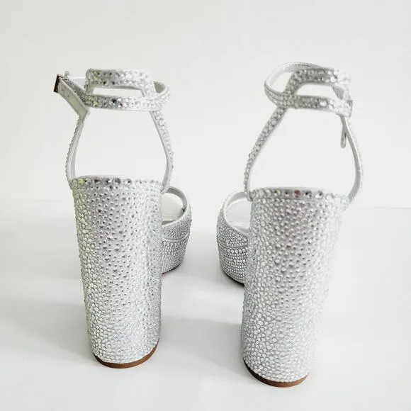 Gianni Bini Chrome Rhinestone Sparkly Silver Sandals Platform Heels Size 9.5