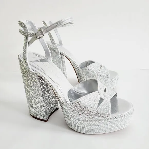 Gianni Bini Chrome Rhinestone Sparkly Silver Sandals Platform Heels Size 9.5