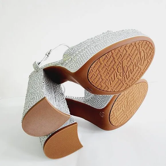 Gianni Bini Chrome Rhinestone Sparkly Silver Sandals Platform Heels Size 9.5