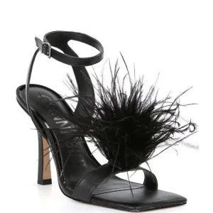 Gianni Bini Neela Feather Heels Black Size 8.5 Square Toe Strappy Dress Sandals