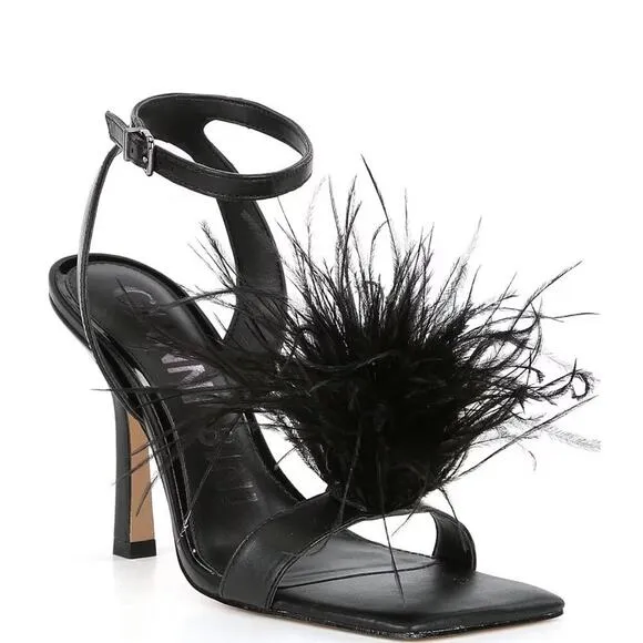 Gianni Bini Neela Feather Heels Black Size 8.5 Square Toe Strappy Dress Sandals