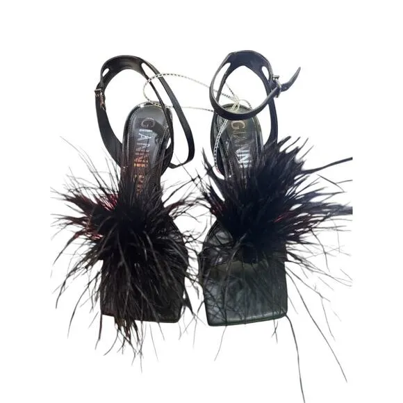 Gianni Bini Neela Feather Heels Black Size 8.5 Square Toe Strappy Dress Sandals