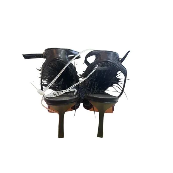 Gianni Bini Neela Feather Heels Black Size 8.5 Square Toe Strappy Dress Sandals