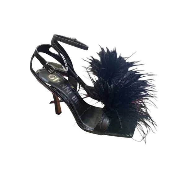 Gianni Bini Neela Feather Heels Black Size 8.5 Square Toe Strappy Dress Sandals
