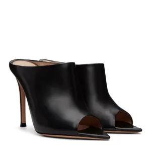 GIANVITO ROSSI Handcrafted buffed calfskin slip-on heeled sandals in black.