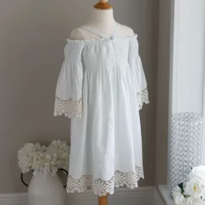 Girls Boho Smocked Dress Vintage Embroidery Lace Size 10 Biscotti Pale Aqua Blue