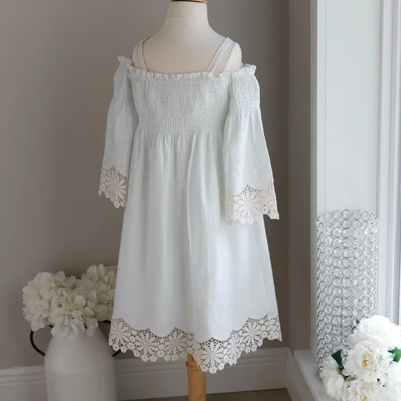 Girls Boho Smocked Dress Vintage Embroidery Lace Size 10 Biscotti Pale Aqua Blue