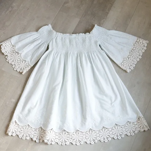 Girls Boho Smocked Dress Vintage Embroidery Lace Size 10 Biscotti Pale Aqua Blue