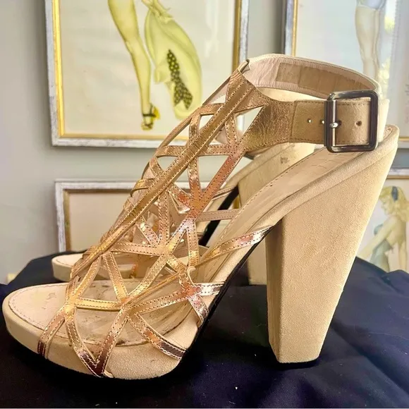 Givenchy rare suede/metallic rose gold leather block heel sandals, Sz39 1/2