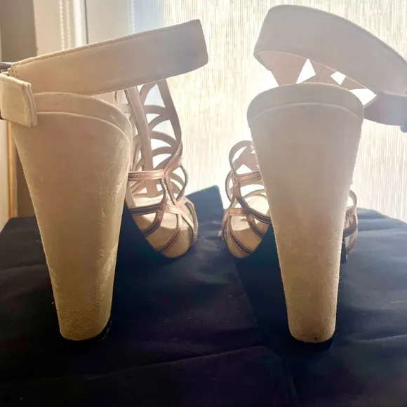 Givenchy rare suede/metallic rose gold leather block heel sandals, Sz39 1/2