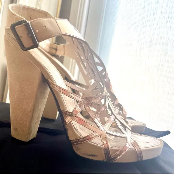 Givenchy rare suede/metallic rose gold leather block heel sandals, Sz39 1/2