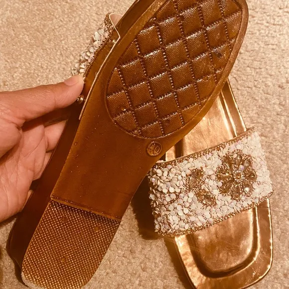 Golden Metallic Platform Sandals with Beaded Strap