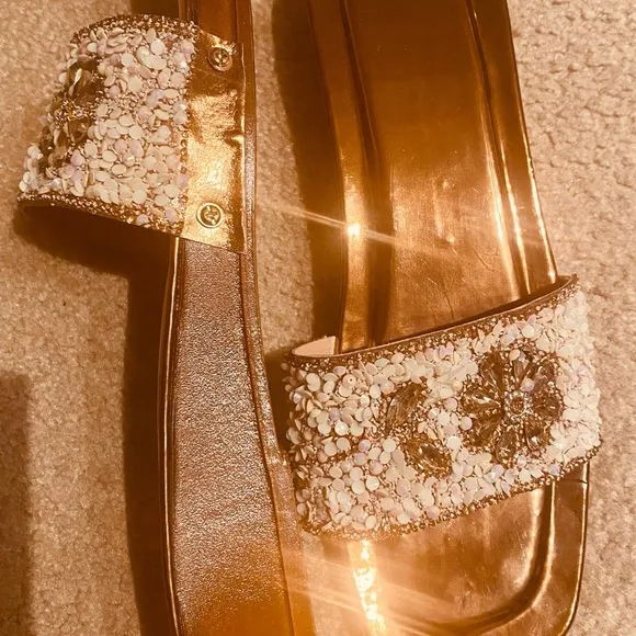 Golden Metallic Platform Sandals with Beaded Strap