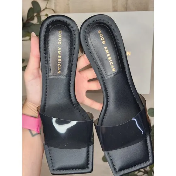Good American Block Heel Slide Sandal in Black