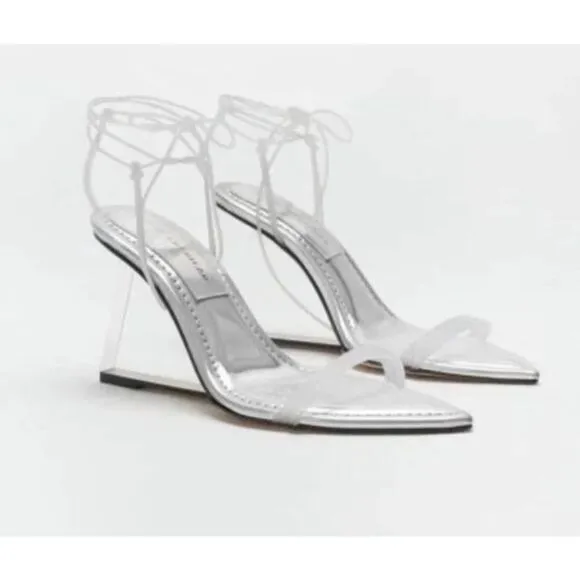 Good American Cinderella F*cking-rella Clear Wedge Sandals Silver Size 8.5