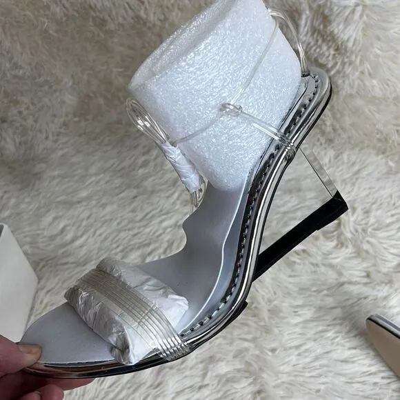 Good American Cinderella F*cking-rella Clear Wedge Sandals Silver Size 8.5
