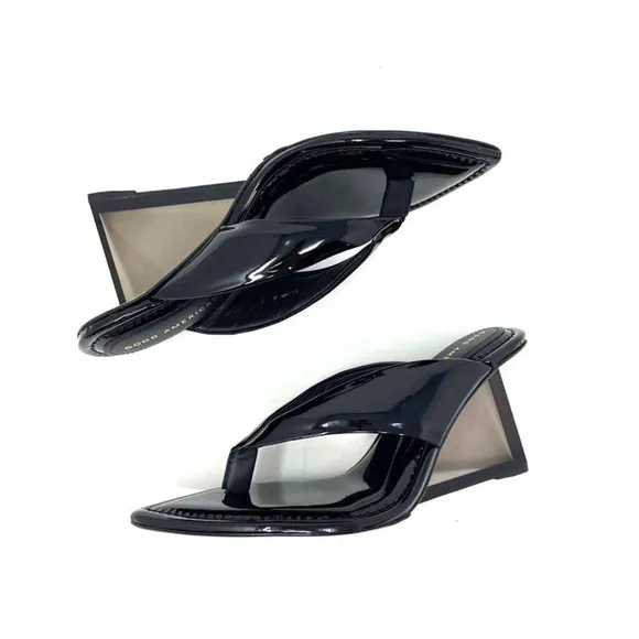 Good American Clear Wedge Sandals Size 6.5 Black Patent GA077P-X