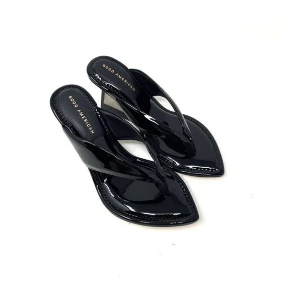 Good American Clear Wedge Sandals Size 6.5 Black Patent GA077P-X