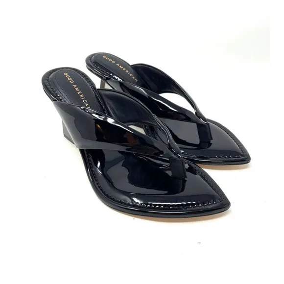 Good American Clear Wedge Sandals Size 6.5 Black Patent GA077P-X
