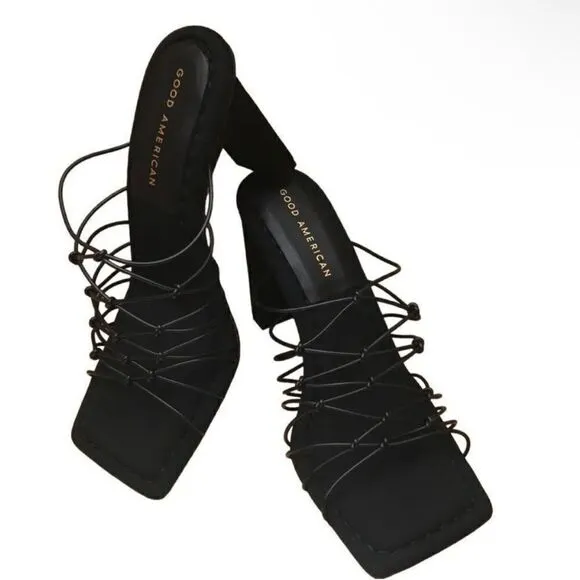 Good American NIB Heels Black Neoprene Square ToeShoestring design Size 8.5
