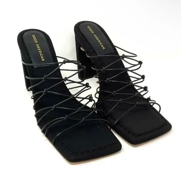Good American NIB Heels Black Neoprene Square ToeShoestring design Size 8.5