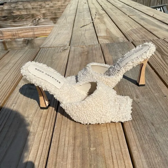 Good American Shearling Lined Square Toe Convex Leather Heel Sandals