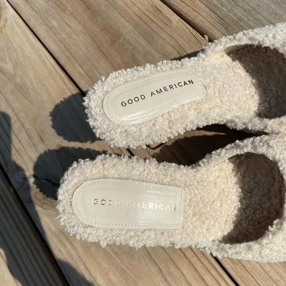 Good American Shearling Lined Square Toe Convex Leather Heel Sandals