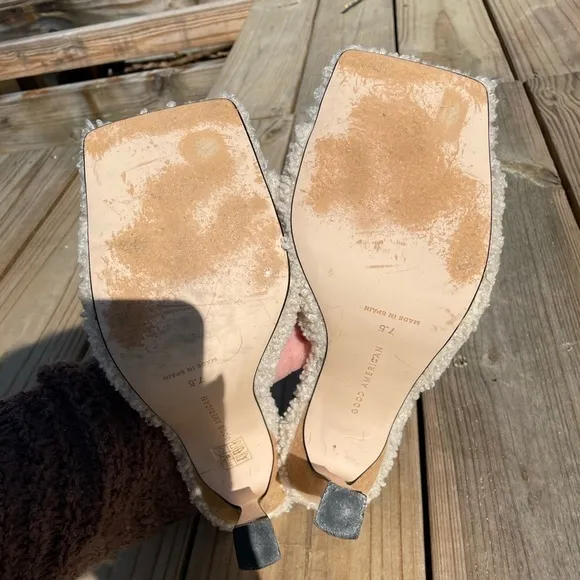 Good American Shearling Lined Square Toe Convex Leather Heel Sandals