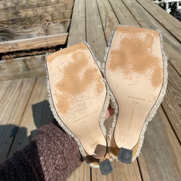 Good American Shearling Lined Square Toe Convex Leather Heel Sandals