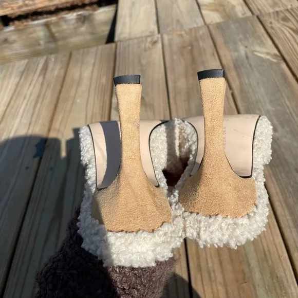 Good American Shearling Lined Square Toe Convex Leather Heel Sandals