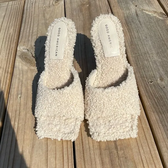 Good American Shearling Lined Square Toe Convex Leather Heel Sandals