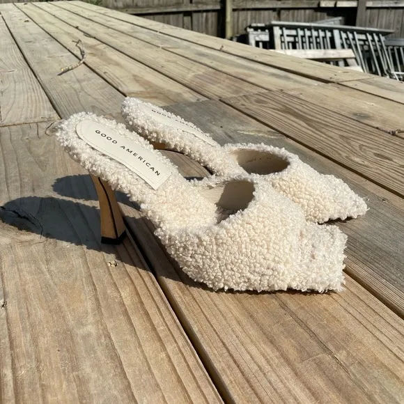 Good American Shearling Lined Square Toe Convex Leather Heel Sandals