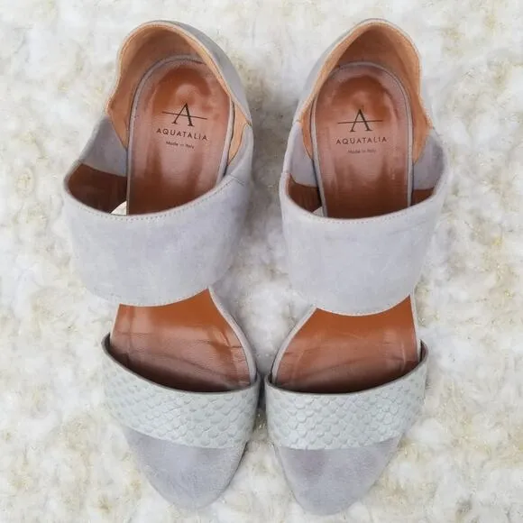 Gray Suede Heeled Dress Sandals Aquatalia Suzanne Size 7 Sueded Leather Open Toe