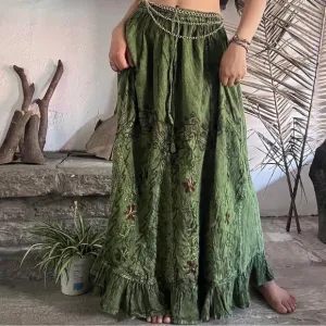 Green Vintage Vibe Embroidered Maxi Skirt Cottage Fairy Core Bohemian Skirt