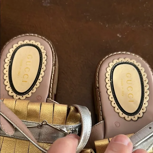 Gucci Gold and Silver Sandals with Fringe