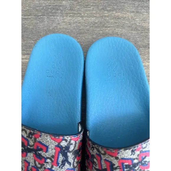 Gucci Wolf Detailed Dark Teal Pool Slide Sandals Size 10 Kids