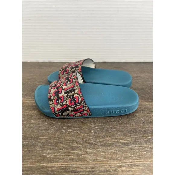 Gucci Wolf Detailed Dark Teal Pool Slide Sandals Size 10 Kids